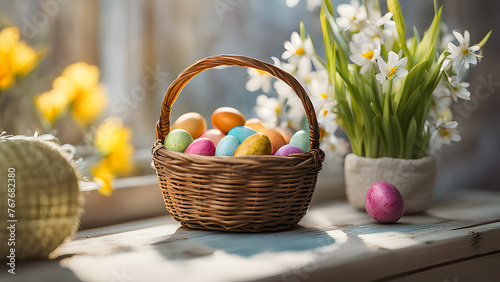 Vibrant Easter Basket Overflowing with a Kaleidoscope of Colorful Eggs and Delicate Flower Decorations: Realistic Horizontal Illustration for Easter Celebrations and Festive Decorations