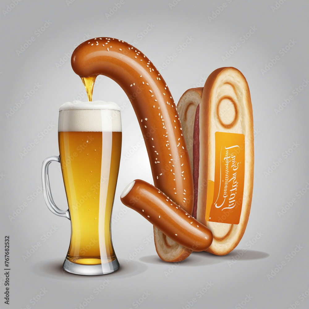 Fototapeta premium Oktoberfest illustration, beer mug and sausage colorful background