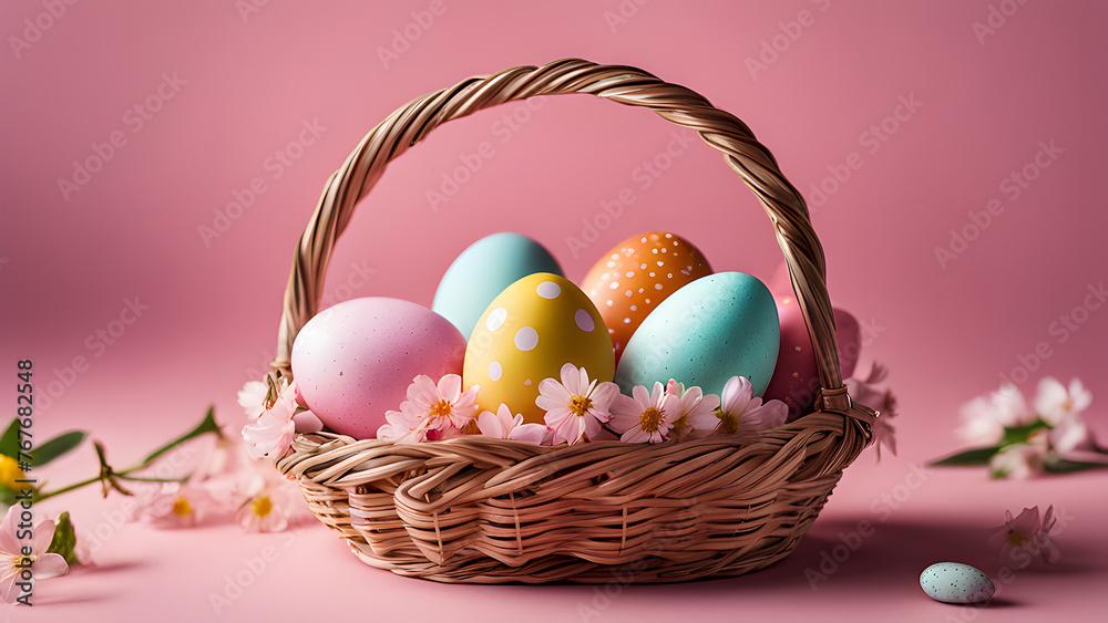 Vibrant Easter Basket Overflowing with a Kaleidoscope of Colorful Eggs and Delicate Flower Decorations: Realistic Horizontal Illustration for Easter Celebrations and Festive Decorations Vibrant Easter Basket Overflowing with a Kaleidoscope of Colorful Eggs and Delicate Flower Decorations: Realistic Horizontal Illustration for Easter Celebrations and Festive Decorations