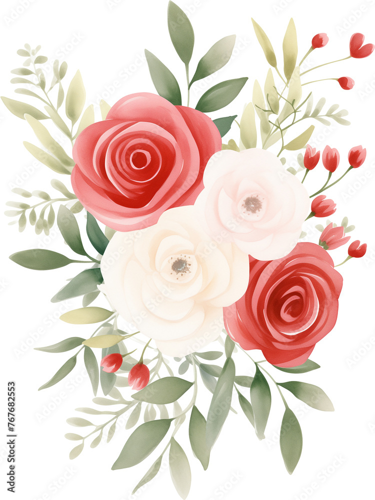 watercolor illustration pink, red, white Rose flower and green leaves. Florist bouquet, International Women's Day, Mother's Day, wedding flowers.