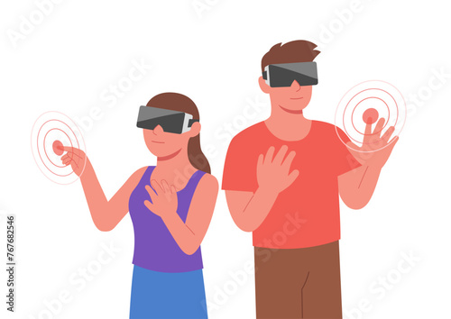 Man and woman using VR Goggles, VR experience concept, Flat vector augmented and virtual reality