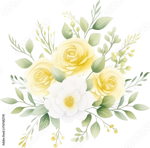 watercolor illustration yellow Rose flower and green leaves. Florist bouquet  International Women s Day  Mother s Day  wedding flowers.