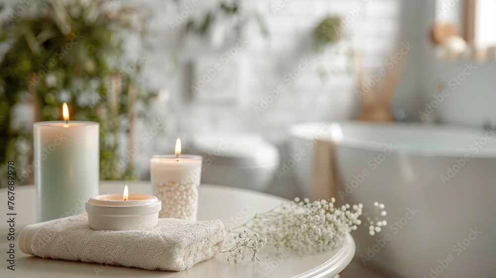 A table with candles and a towel in front of a bathtub. Scene is calm and relaxing