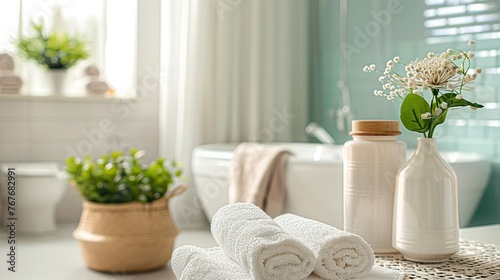 A bathroom with a white towel rack and a white towel rack with white towels. A vase with flowers sits on the counter