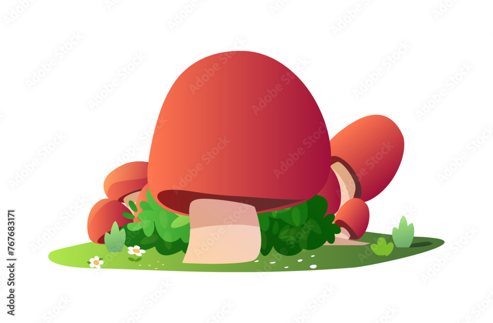 Fototapeta premium Stylized mushrooms on a green patch vector illustration