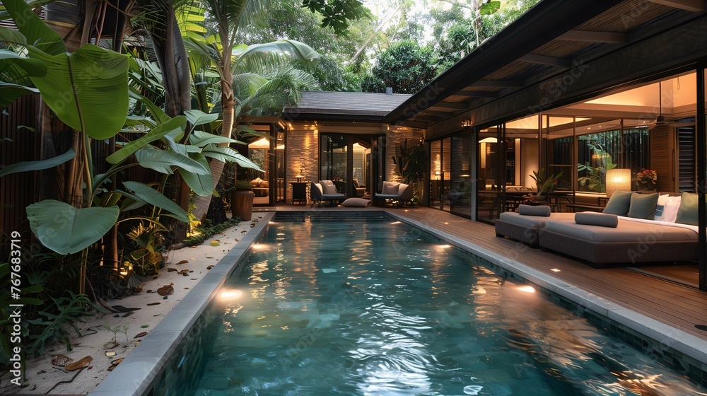 Luxurious Tropical Poolside Patio at Twilight