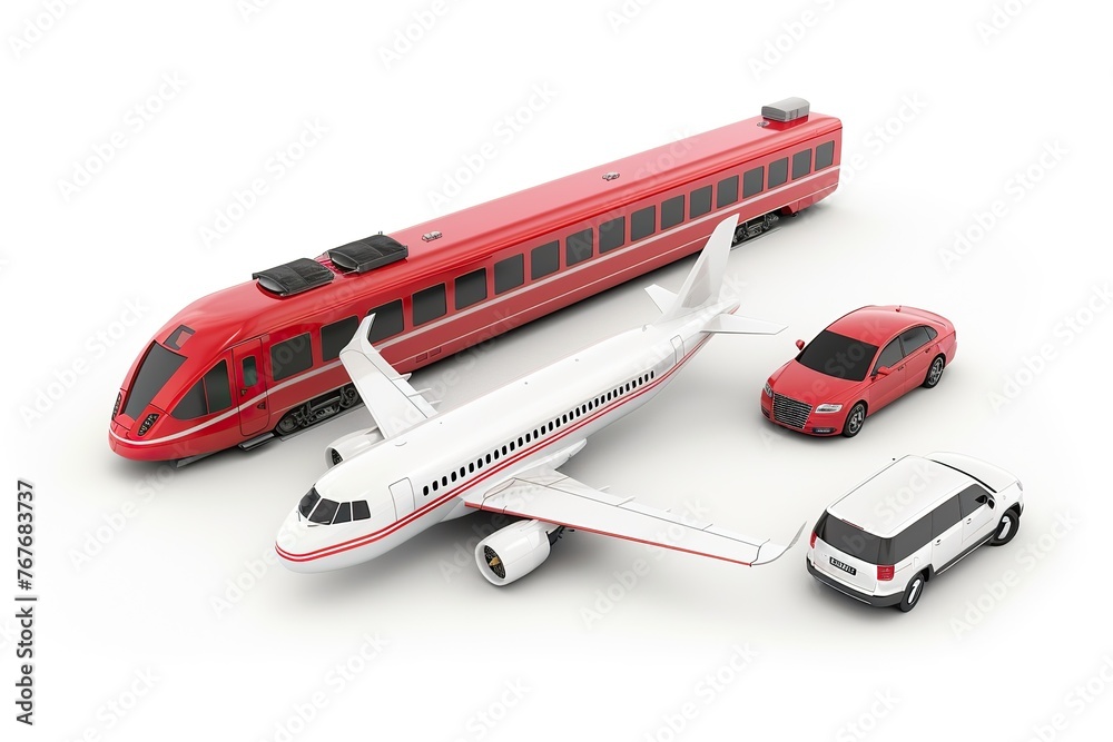 A red train, a white airplane and a red car are shown on a white background. The train and the airplane are next to each other, while the car is in front of them. Concept of travel and transportation