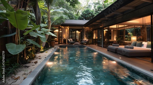 Luxurious Tropical Poolside Patio at Twilight © lin