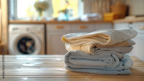 Pile of folded clean clothes on a modern wooden surface, washing machine in the blurred background, light and clean colors. Generative AI. © visoot