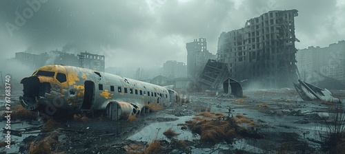 Airplane wreck and apocalypse city background after war. Wasteland. Generative AI technology. 