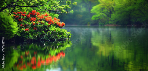 A tranquil lakeside scene with vibrant green foliage and colorful flowers in full bloom, reflecting on the calm water's surface