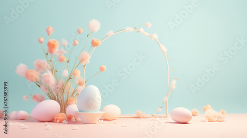 Close-up detailed image of a whimsical spring setup with decorated eggs and fresh flowers
