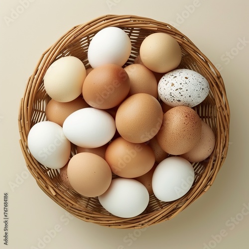 Wallpaper Mural A basket full of eggs, including white, brown, and speckled ones. The basket is woven and filled with eggs of various sizes Torontodigital.ca
