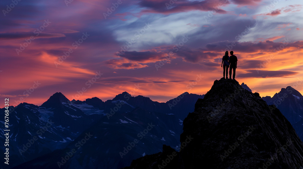 A hiker couple stands atop a mountain peak, their silhouettes outlined against the breathtaking backdrop of rugged peaks and a colorful sky.