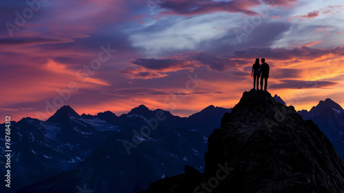 A hiker couple stands atop a mountain peak, their silhouettes outlined against the breathtaking backdrop of rugged peaks and a colorful sky. © Sajib