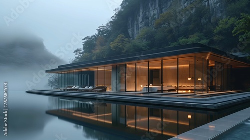 Modern Glass House Exterior at Twilight with Pool and Natural Scenery