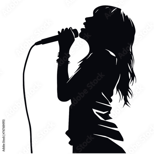 Female singer holding microphone silhouette on white background vector