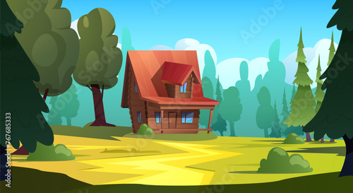 A cozy vector wooden cottage with a veranda and stairs, located in the forest