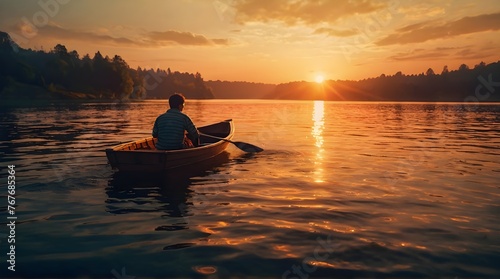 silhouette of a person in a boat sunset time