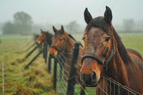 Four horses are standing next to a wooden fence. The horses are brown and white. The fence is wooden and has a rustic look. The scene is peaceful and calm. horses on a field behind a fence