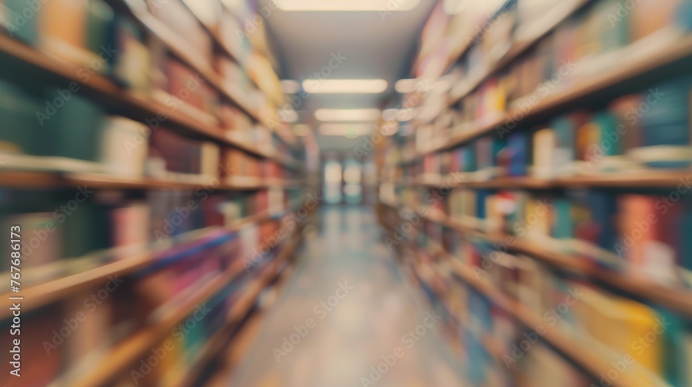 A blurry shot of a library with shelves of books. The books are of different colors and sizes, and the shelves are filled with them. Concept of depth and vastness, as well as the idea of knowledge A blurry shot of a library with shelves of books. The books are of different colors and sizes, and the shelves are filled with them. Concept of depth and vastness, as well as the idea of knowledge