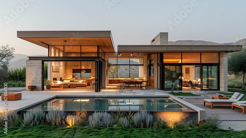 Modern Luxury House with Pool at Dusk