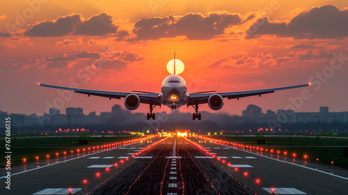 A majestic jetliner soaring into the sky from a busy airport runway bathed in the warm hues of a vibrant sunset, its landing gear still extended as it gracefully lifts off the ground. photo