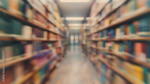 A blurry shot of a library with shelves of books. The books are of different colors and sizes, and the shelves are filled with them. Concept of depth and vastness, as well as the idea of knowledge photo