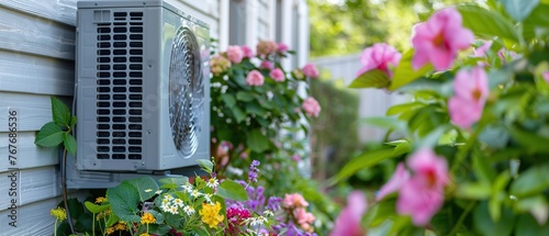 A wall mounted air conditioner unit is surrounded by a colorful flower garden. The flowers are pink and yellow, and they are arranged in a vase