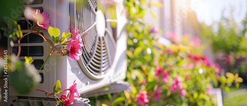 A white air conditioner unit with pink flowers growing out of it. The flowers are in full bloom and are covering the entire unit
