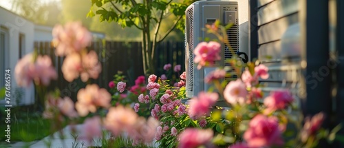 A beautiful garden with pink flowers and a white air conditioner. The flowers are in full bloom and the air conditioner is placed in the background. The garden is a peaceful and serene place