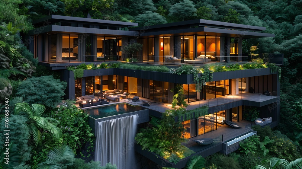 Luxurious Cliffside Villa with Infinity Pool and Waterfall at Night