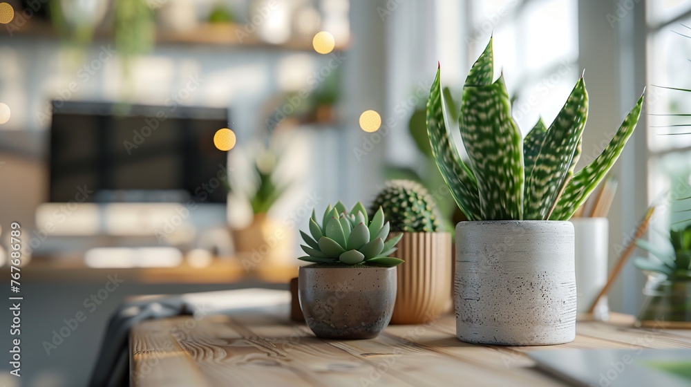 A table with a few potted plants and a laptop. Scene is calm and peaceful, with the plants adding a touch of nature to the scene A table with a few potted plants and a laptop. Scene is calm and peaceful, with the plants adding a touch of nature to the scene