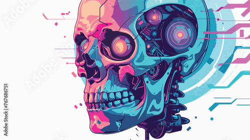 Skull with cybernetic implants and glowing neon accen