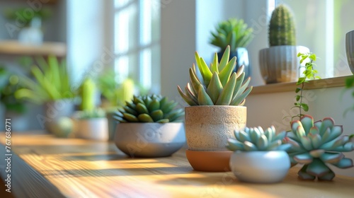 A window sill with a variety of potted plants, including cacti and succulents © Image-Love