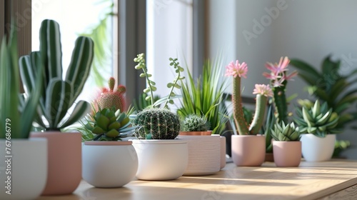 A row of potted plants sit on a wooden table  with some of them being cacti. The plants are arranged in various sizes and colors  creating a visually appealing display