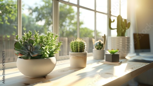 A window sill with a variety of potted plants  including a cactus and a succulent