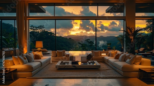 Luxury Living Room Interior with Tropical Forest View at Sunset