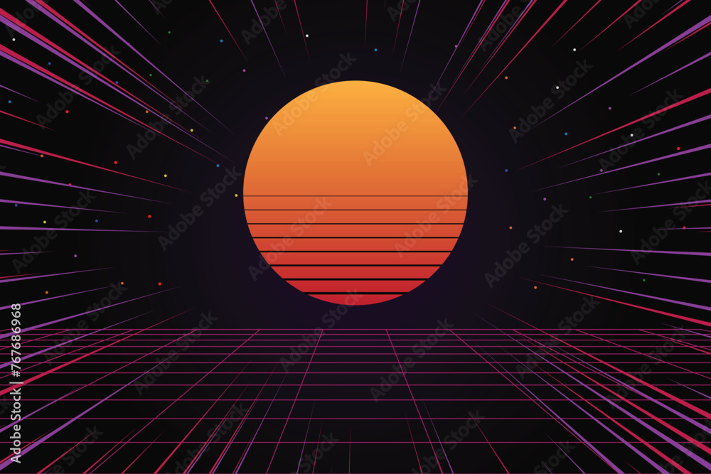 Pixel art background. 8 bit game. retro game. for game assets in vector illustrations. Retro Futurism Sci-Fi Background. glowing neon grid. and stars from vintage arcade comp - obrazy, fototapety, plakaty 