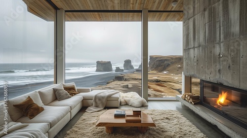 Modern Living Room with Ocean View and Cozy Fireplace © lin
