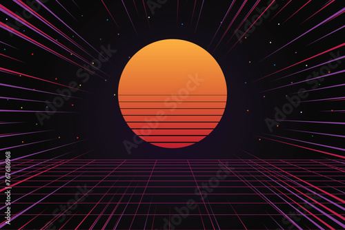 Pixel art background. 8 bit game. retro game. for game assets in vector illustrations. Retro Futurism Sci-Fi Background. glowing neon grid. and stars from vintage arcade comp photo