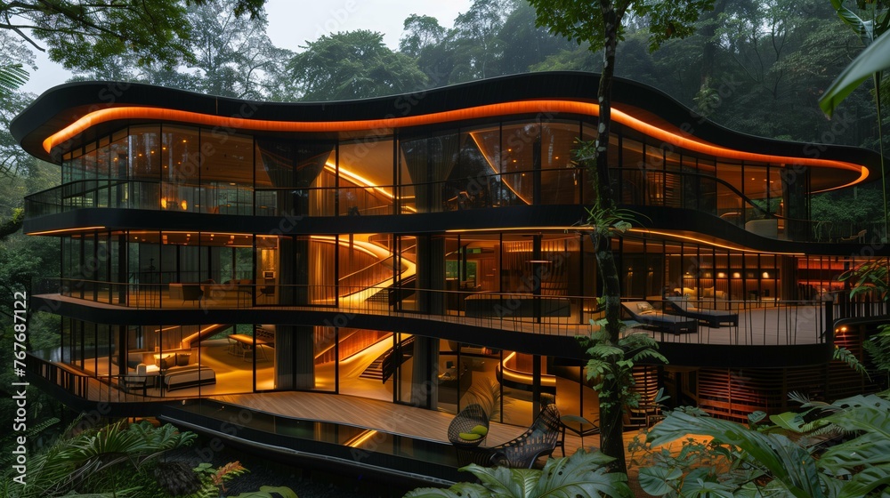 Modern Architectural Building nestled in Lush Forest at Twilight