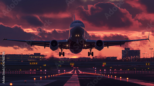 Bathed in the warm hues of a vibrant sunset, a majestic jetliner gracefully takes off from a bustling airport runway, its landing gear still extended as it ascends into the sky.