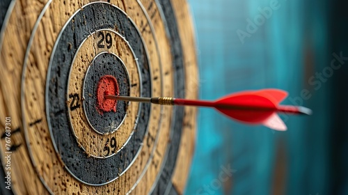 A red arrow is shot through a bullseye on a wooden target. Concept of focus and determination, as the arrow is aimed directly at the center of the target