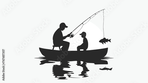 Son and dad fishing black vector concept icon. Son 