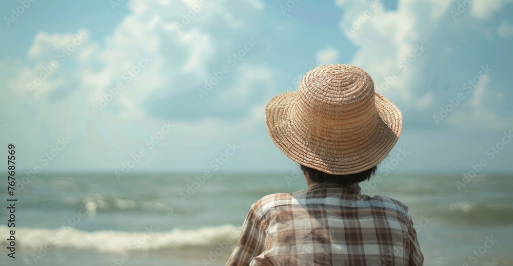 Person Enjoying the Seaside in a Straw Hat