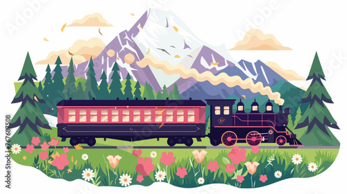 Steam Train with Floral Mountain Scenery Flat vector