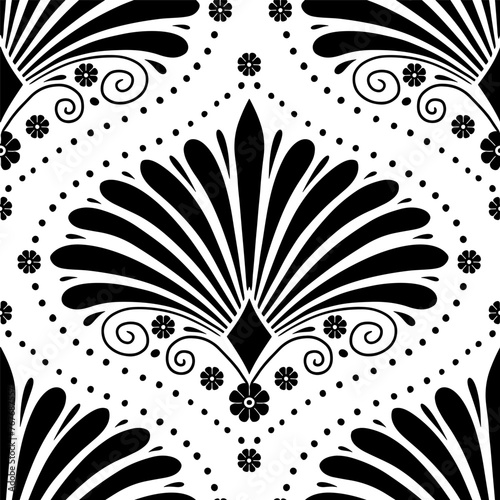 Seamless pattern with black anthemion floral shapes and ogee geometrical motifs on a white background. Monochrome classic abstract repeat wallpaper. photo
