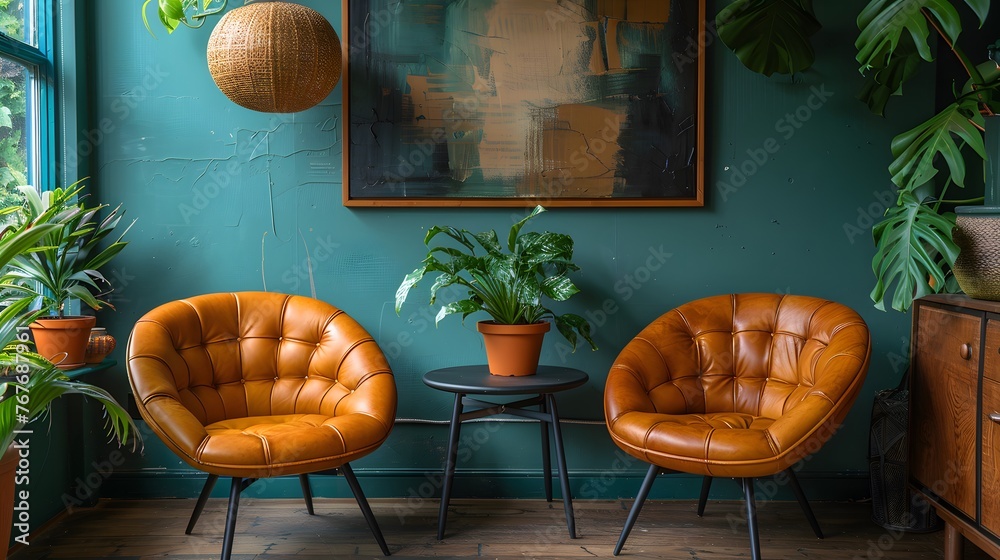 Chic Dining Nook with Leather Tufted Chairs and Vibrant Green Plants. Bohemian Chic Meets Mid-Century Modern: Eclectic Dining Space with Warm Leather Seating and Lush Foliage - obrazy, fototapety, plakaty 