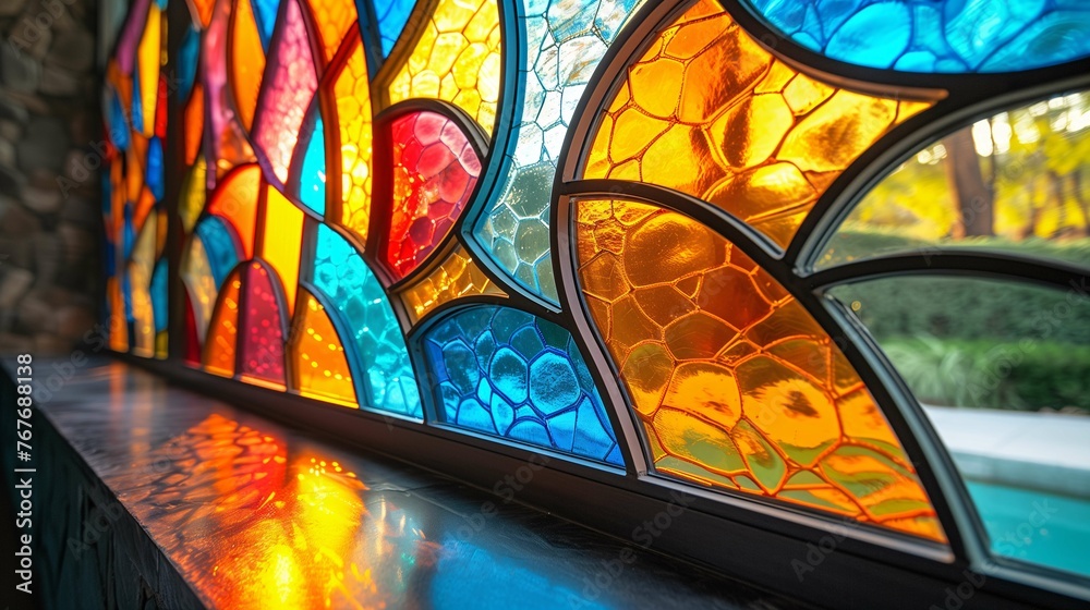 Colorful Stained Glass Window with Reflection on Wall